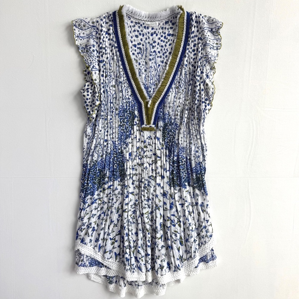 Poupette St Barth Sasha Green White Fish Batik Rombo Dress Medium Coastal Chic - Picture 2 of 13